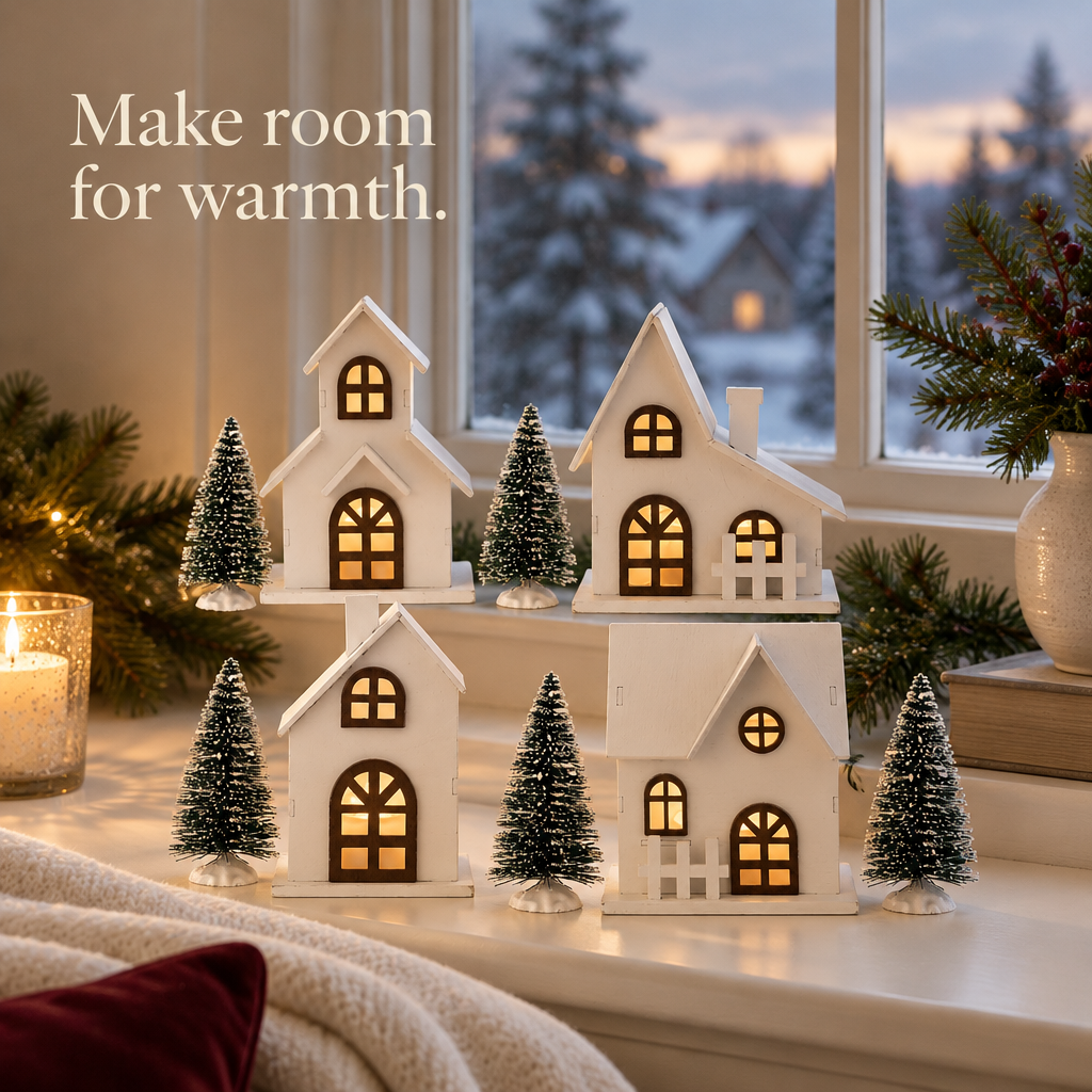 White Wooden Village Houses with Frosted Trees – 9 Pieces — in use