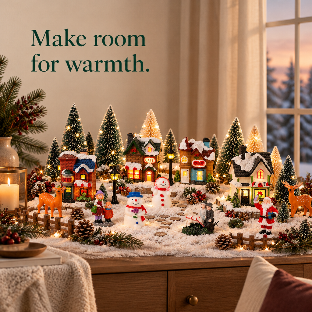 Lighted Christmas Village Set with Snow Blanket – 31 Pieces — in use