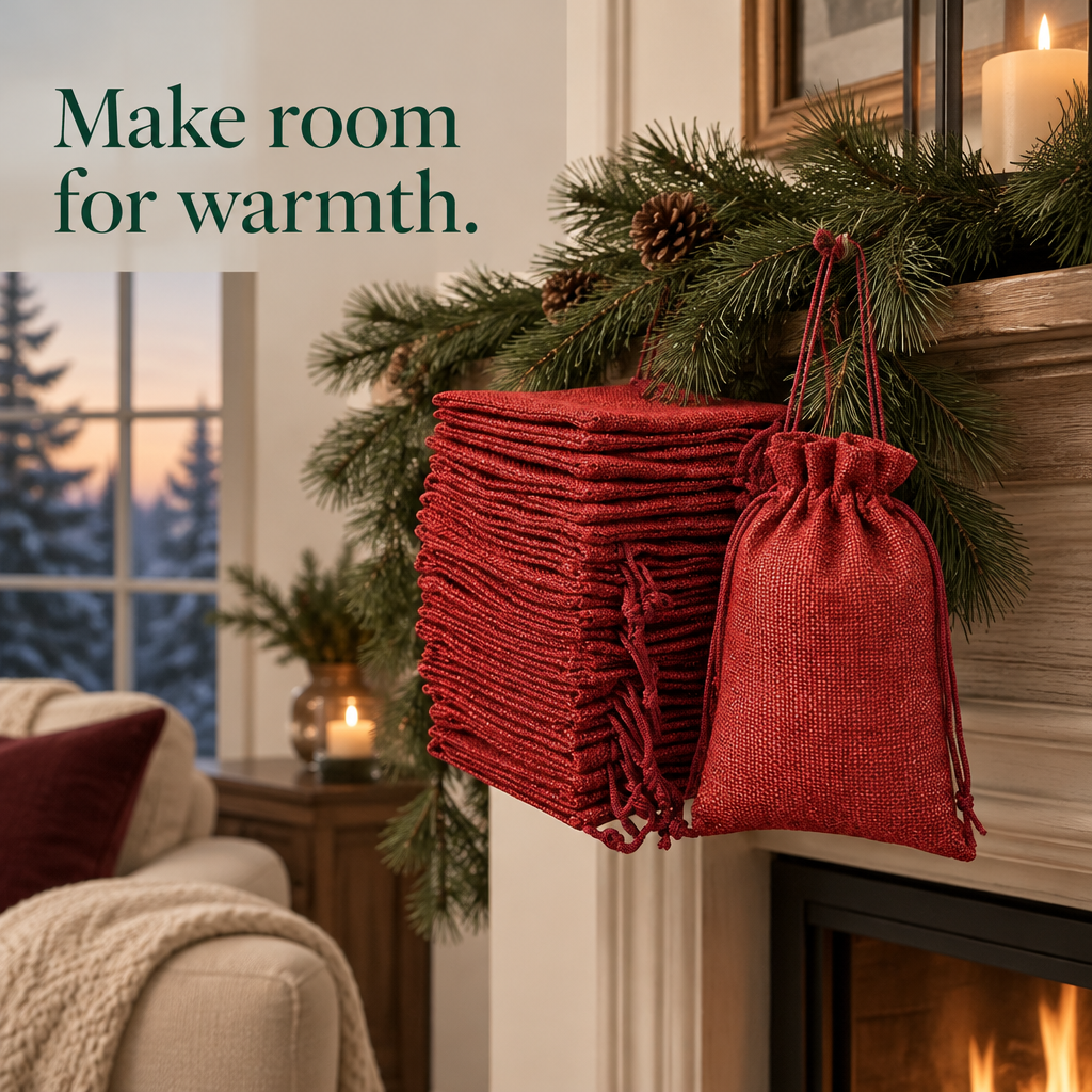 Red Burlap Drawstring Bags – 24 Pack — in use