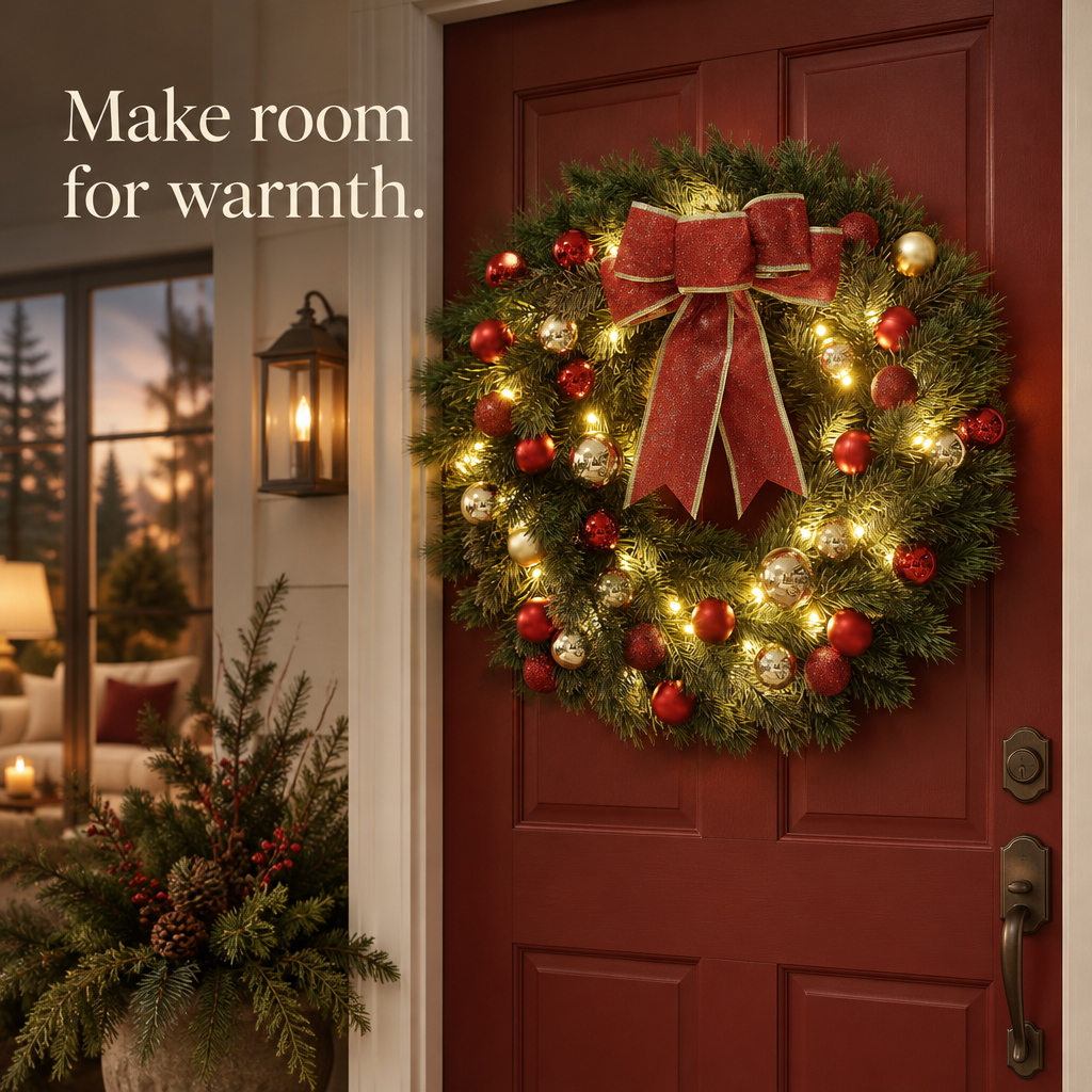 Pre-Lit Wreath with Red Bow & Ornaments – 16 in — in use