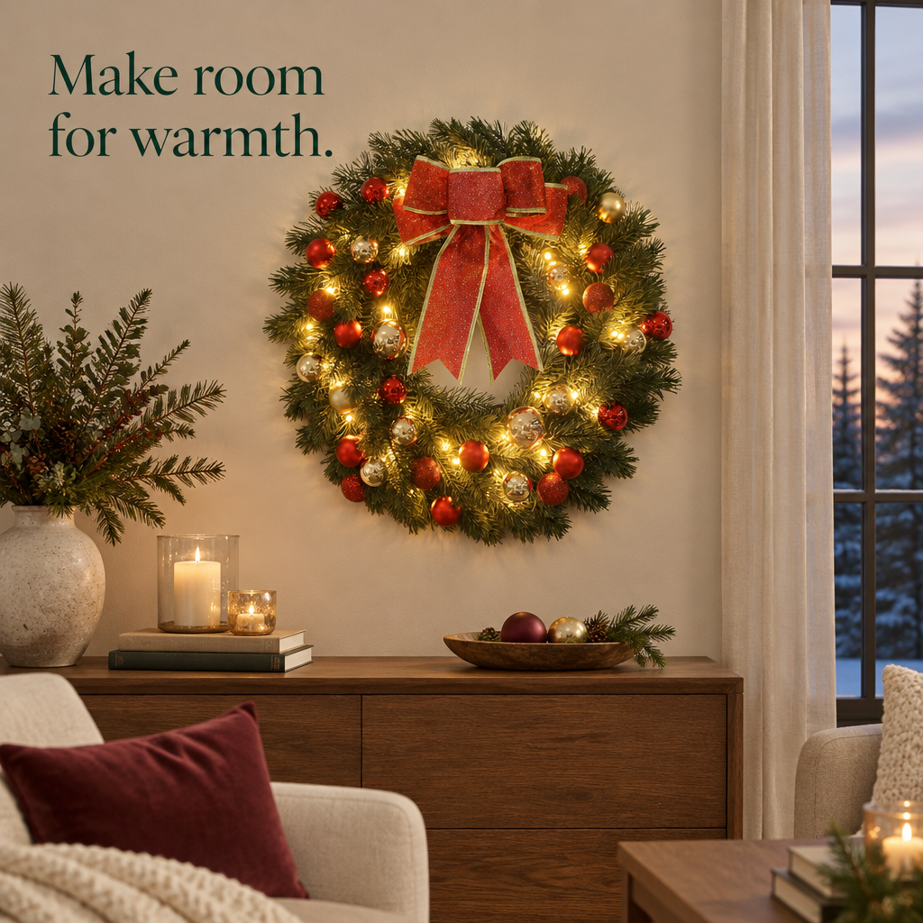 Pre-Lit Ornament Wreath with Bow – 16 in — in use