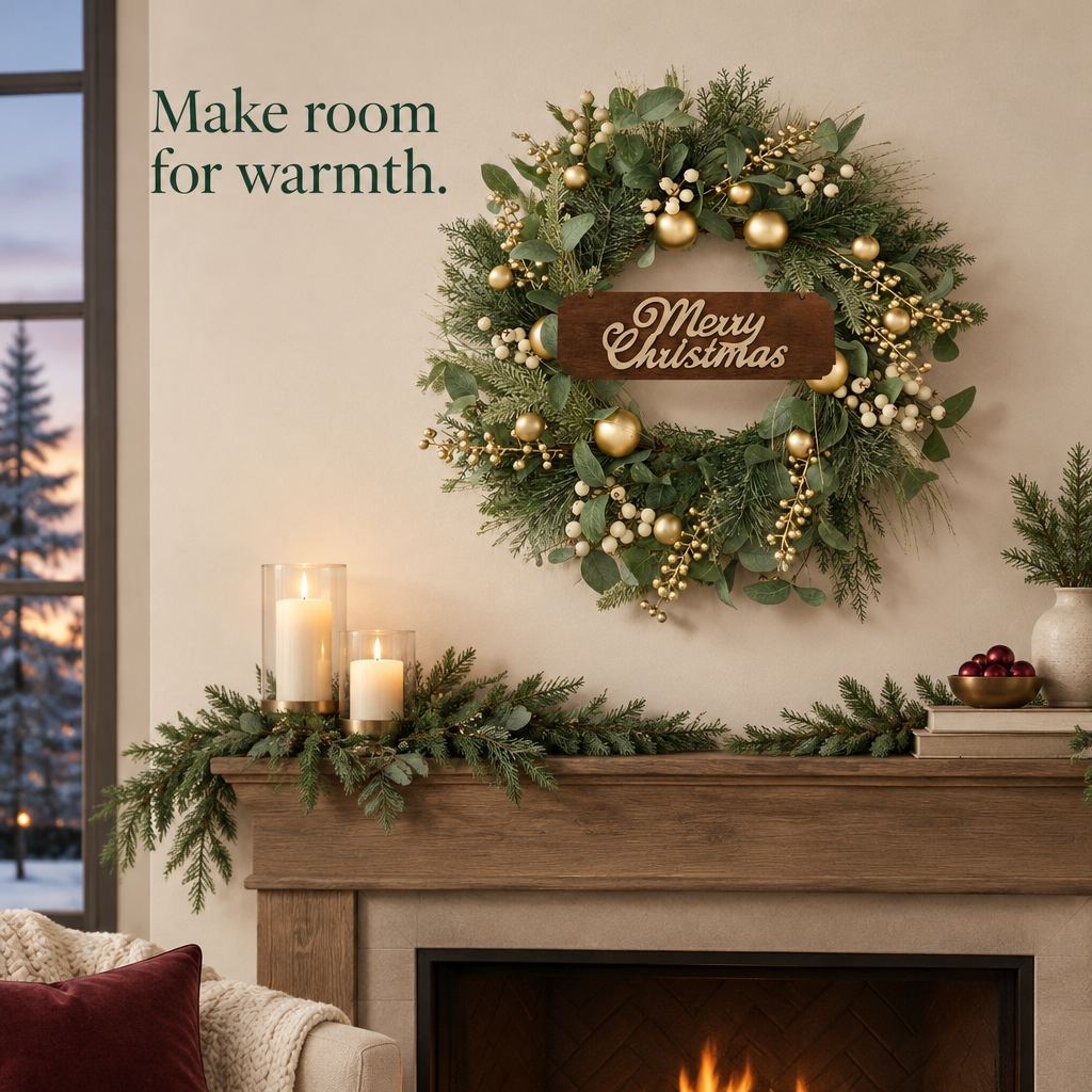 Winter Wreath with Champagne Gold Berries – 20 in — in use