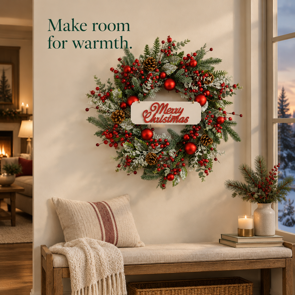 Red Ball & Berry Winter Wreath – 20 in — in use