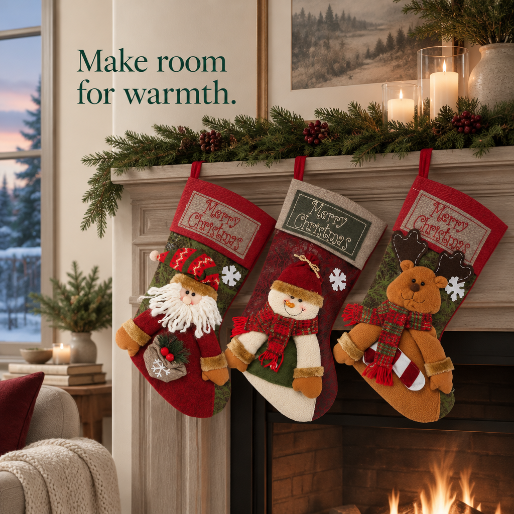 Santa, Snowman & Reindeer Stockings – 3 Pack, 18 in — in use