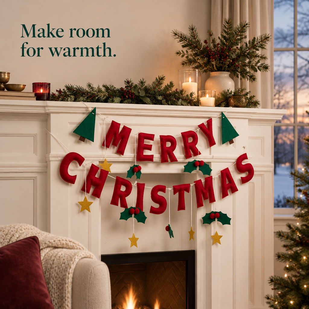 Merry Christmas Banner with Holly & Gold Stars — in use