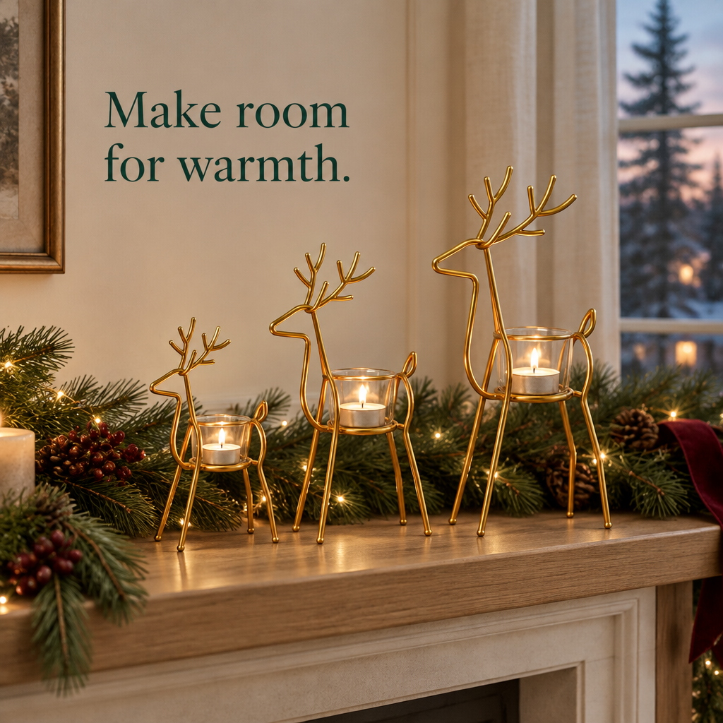 Gold Wire Reindeer Tealight Holders – Set of 3 — in use
