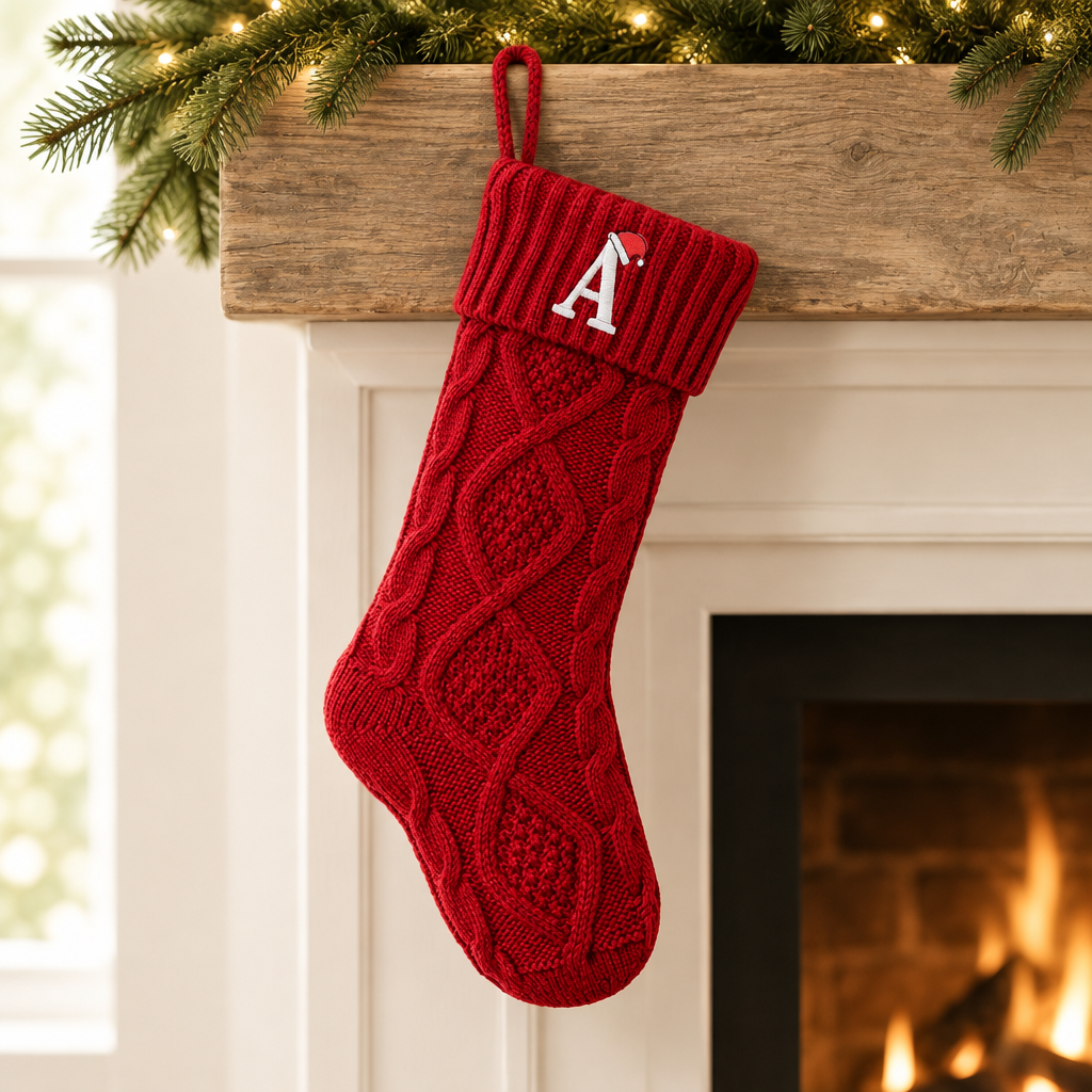 Red Knit Christmas Stocking with Initial A – 18 in