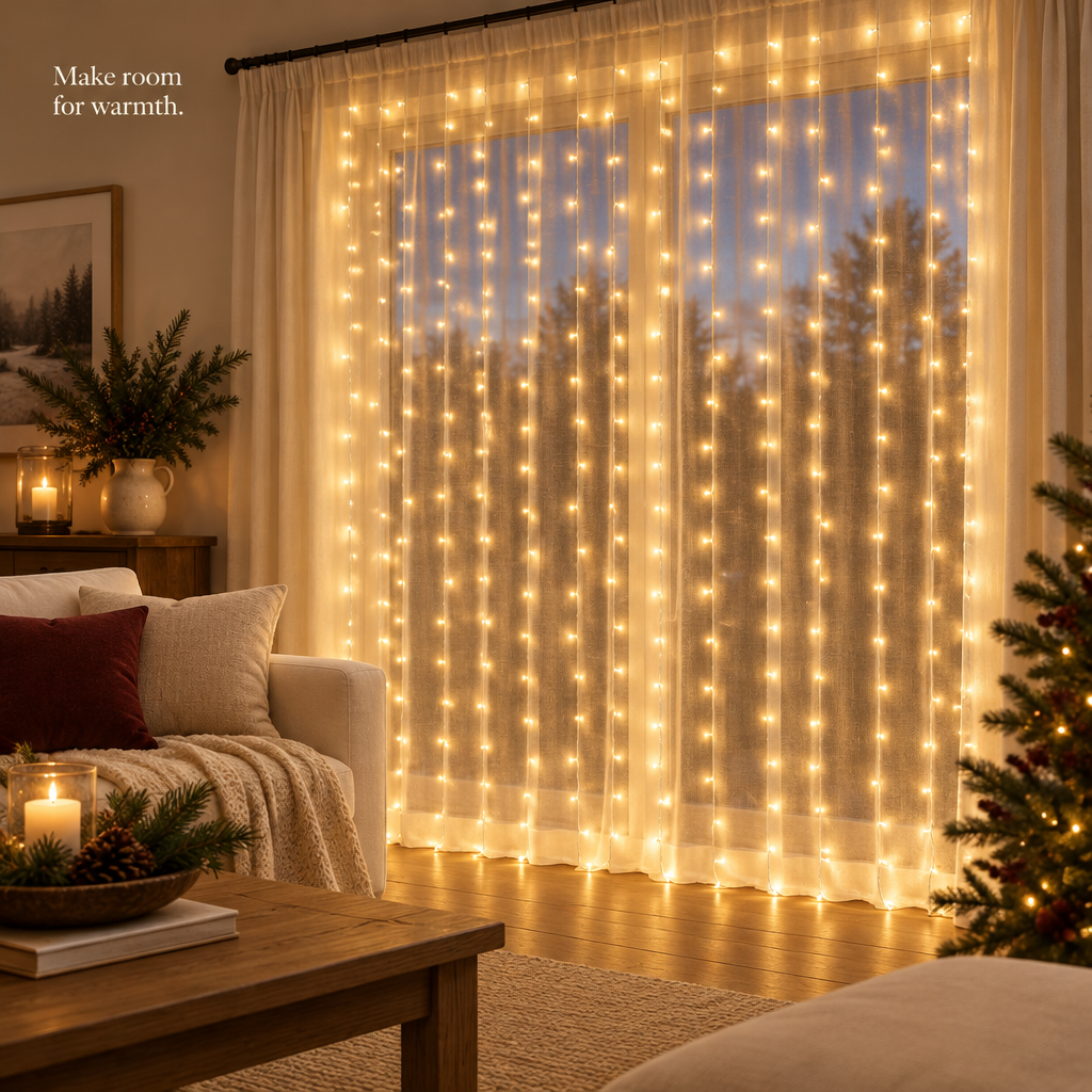 Warm White Curtain Lights with Timer – 9.8 × 9.8 ft, 300 LEDs — in use