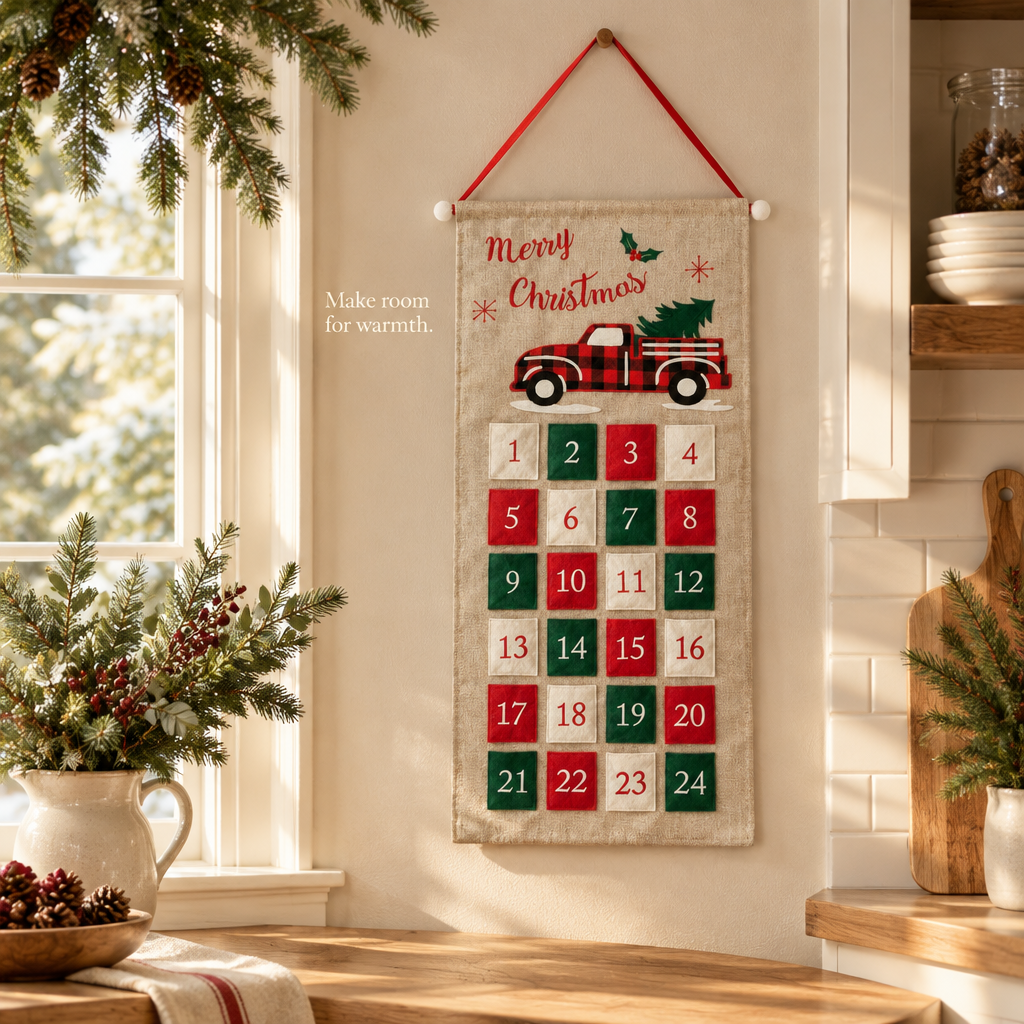 Burlap Red Truck Advent Calendar – 24 Pockets — in use