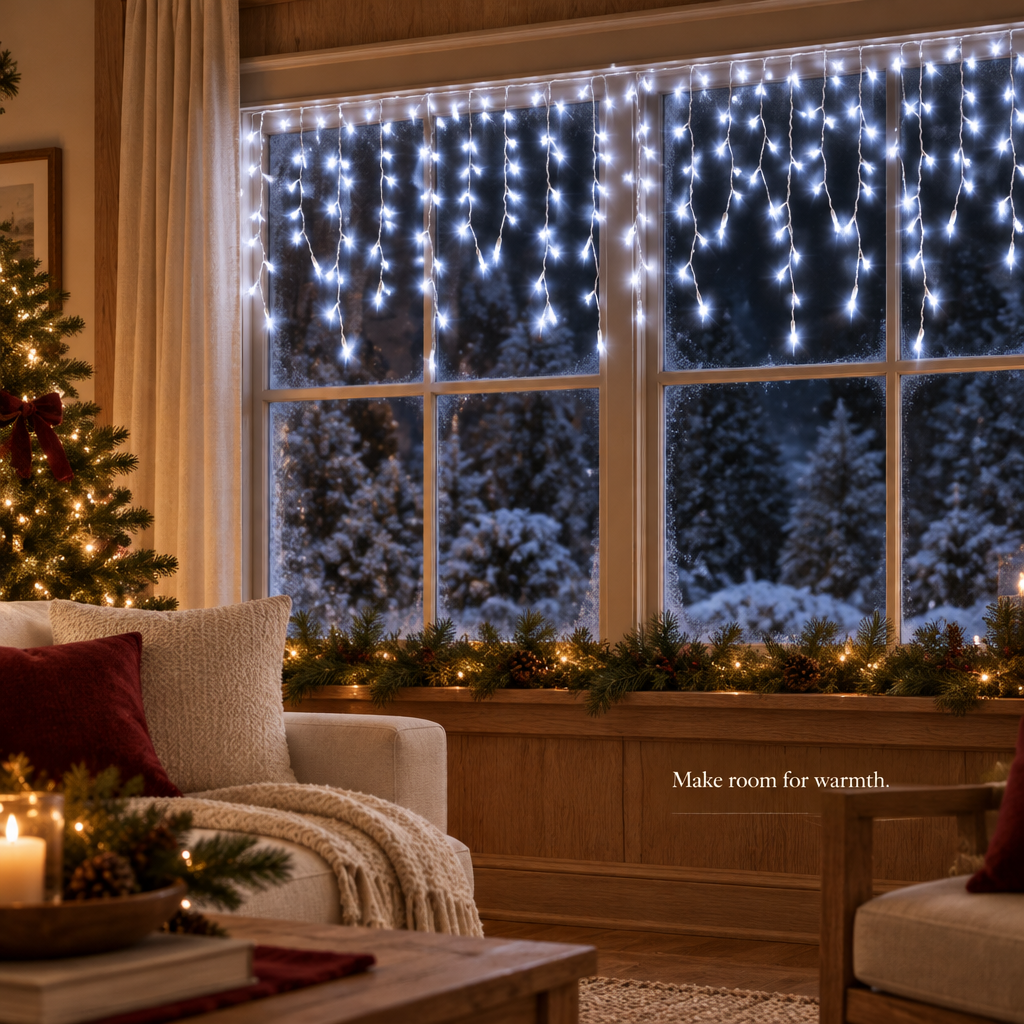 Cool White Icicle Lights with Remote – 10 ft, 102 LEDs — in use