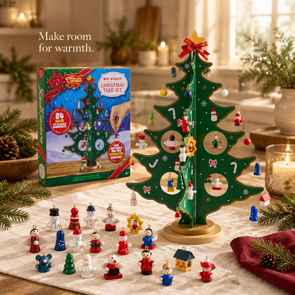 Wooden Tree Advent Calendar with 28 Ornaments — in use