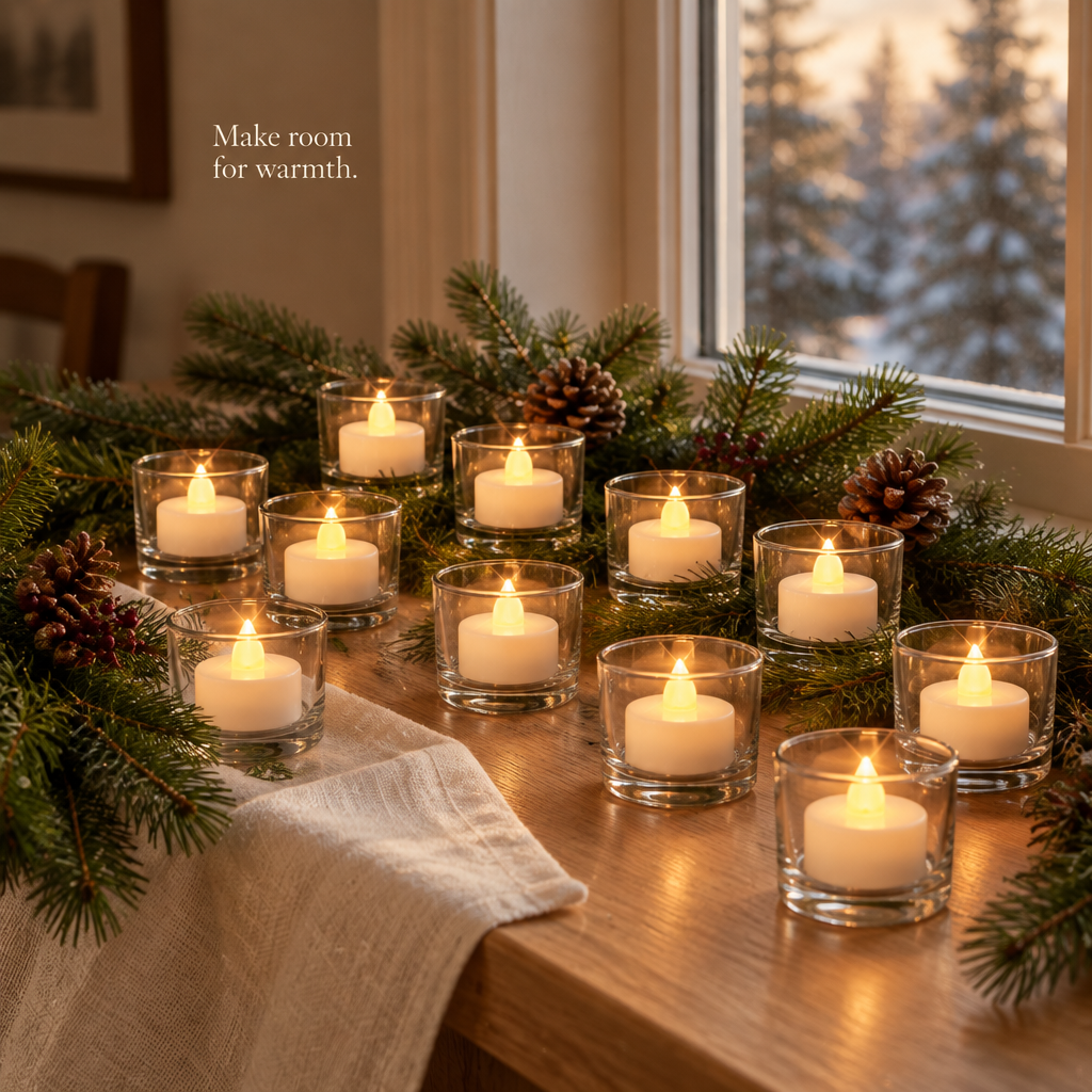 LED Tea Lights with 6-Hour Timer – 12 Pack — in use