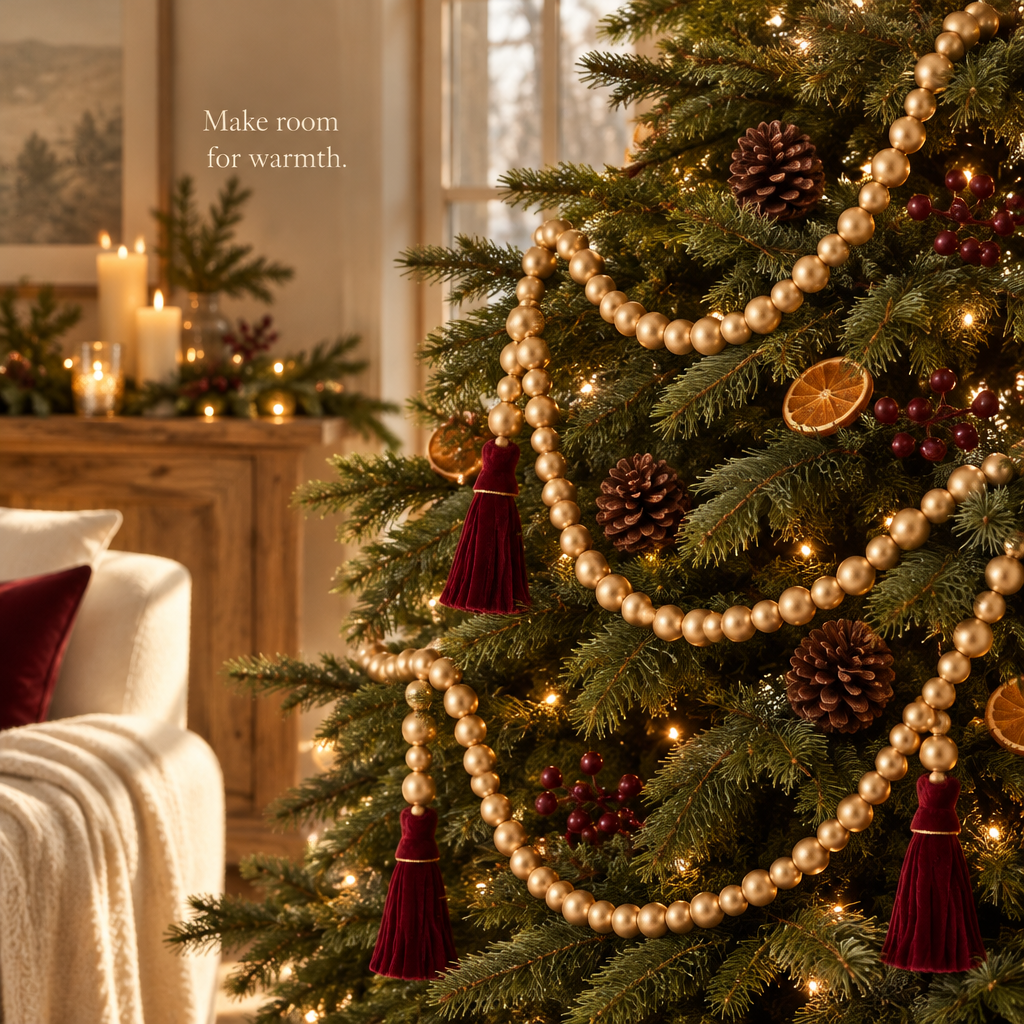 Gold Wood Bead Garland with Tassels – 12 ft — in use