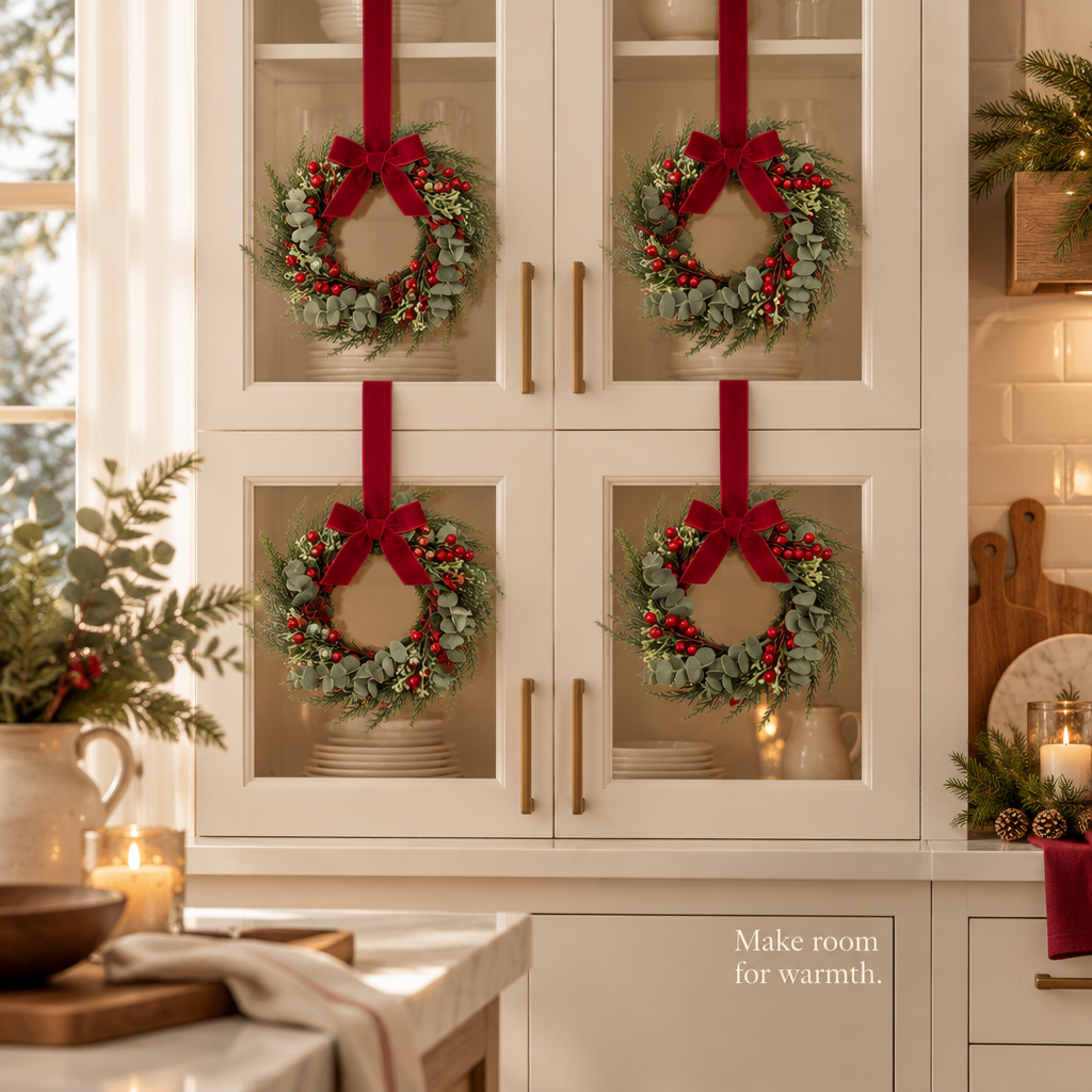 Mini Cabinet Wreaths with Red Velvet Bows – 4 Pack, 8 in — in use