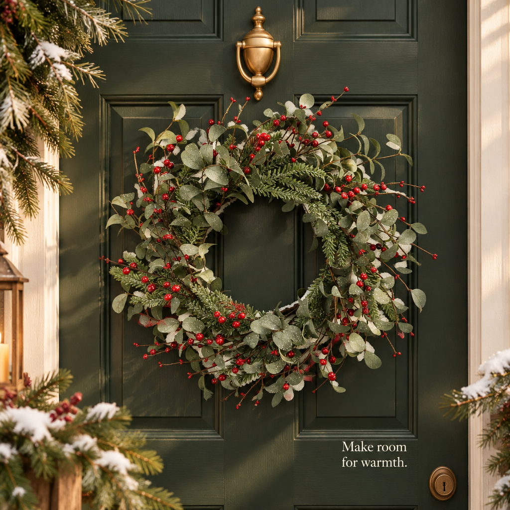 Eucalyptus & Red Berry Front Door Wreath – 18 in — in use