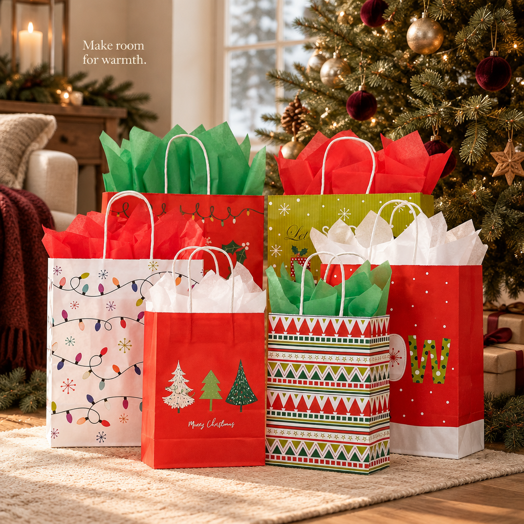 Christmas Gift Bags with Tissue Paper – 24 Pack, 3 Sizes — in use