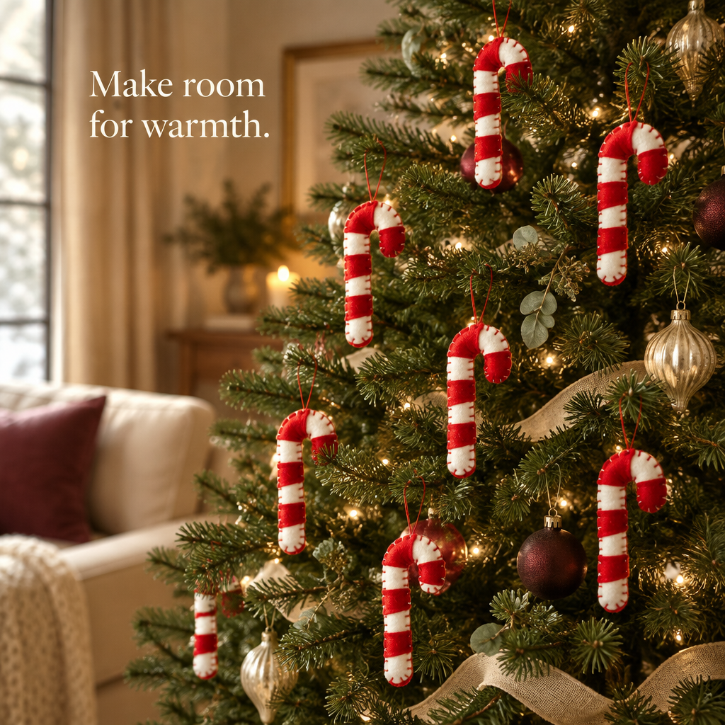 Red & White Felt Candy Cane Ornaments – 12 Pack — in use