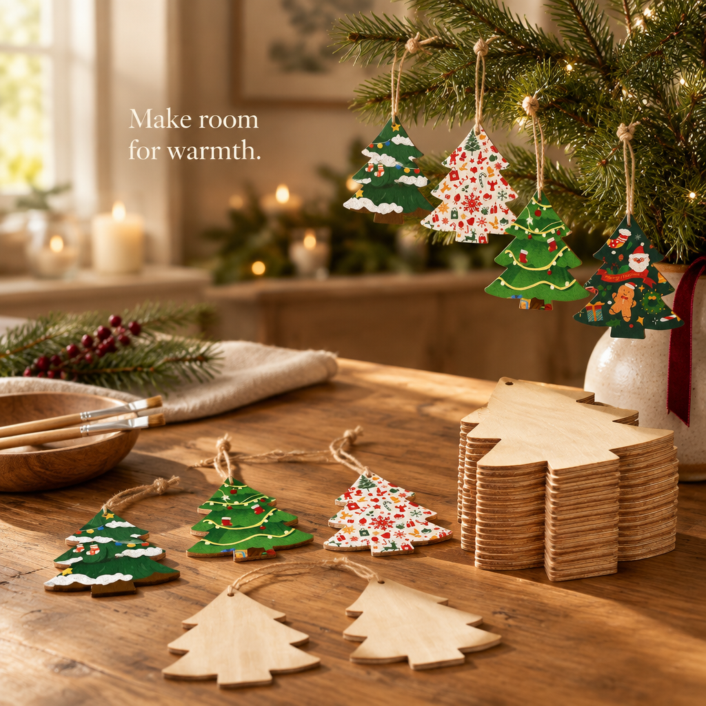 Wooden Christmas Tree Cutouts to Paint – 24 Pack — in use