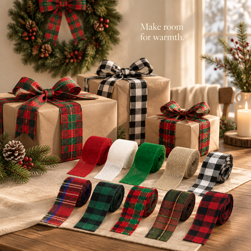 Christmas Burlap Ribbon Assortment – 10 Rolls, 50 Yards — in use