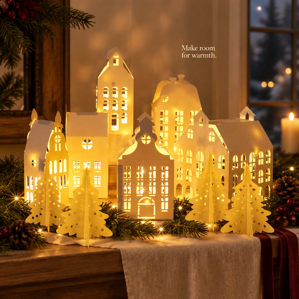 Light-Up Paper Christmas Village – 10 Pieces — in use