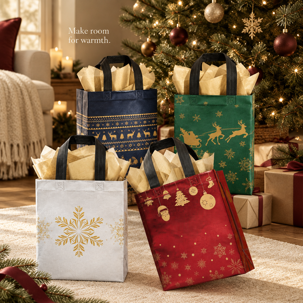 Christmas Fabric Gift Bags with Gold Paper – 16 Pack — in use