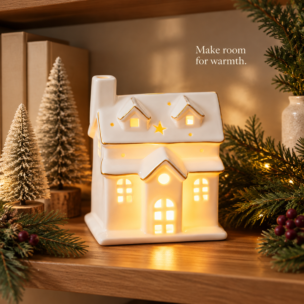 Lighted White Ceramic Village House with Gold Trim — in use