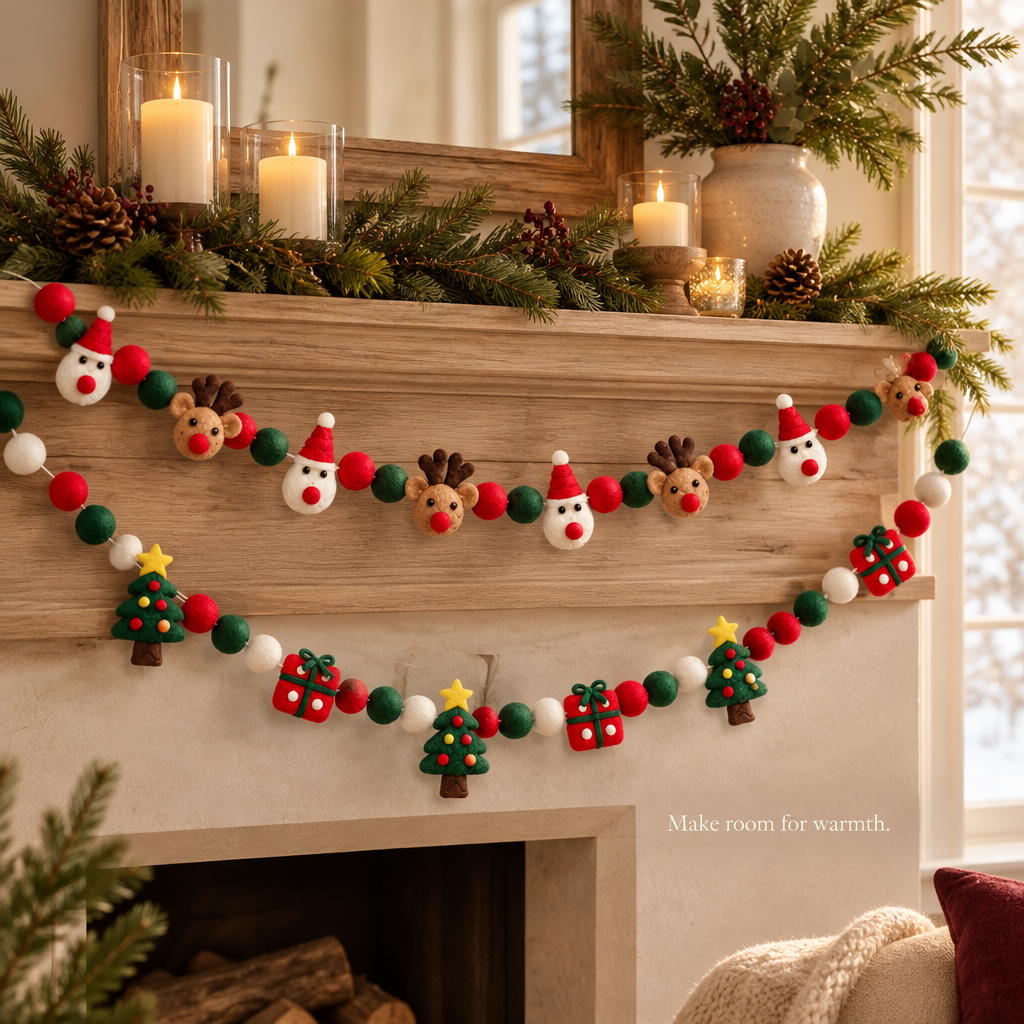 Felt Ball Garland with Reindeer & Snowmen – 2 Pack — in use