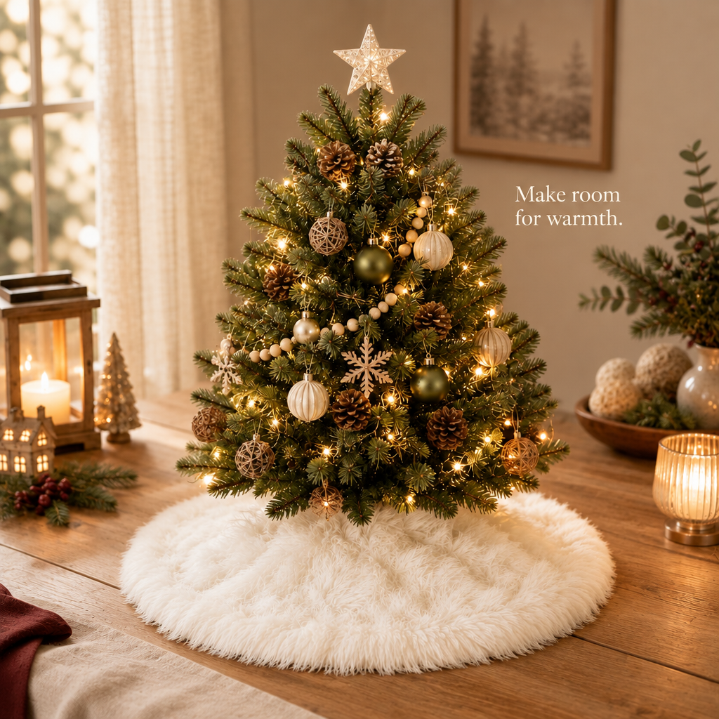 Mini White Faux Fur Tree Skirt – 18 in — in use