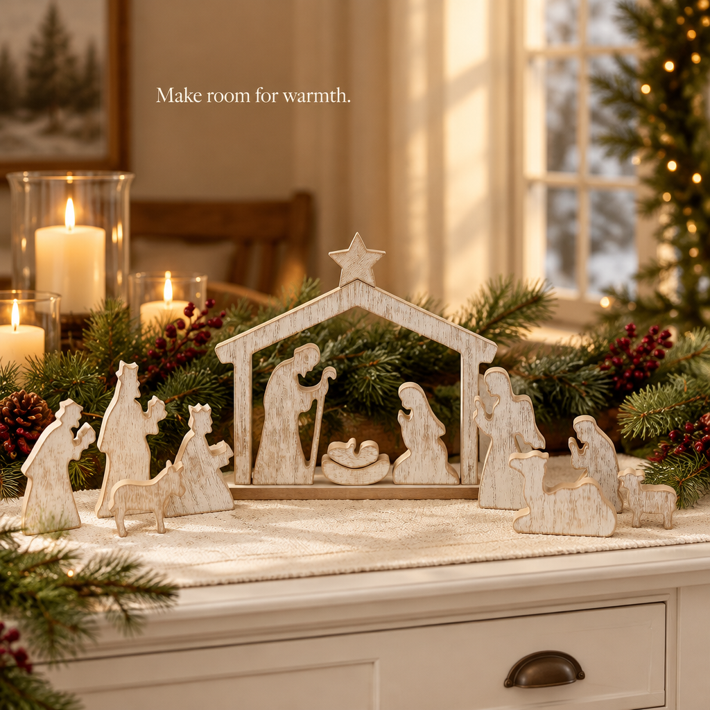 Distressed White Wooden Nativity Scene – 15 Pieces — in use