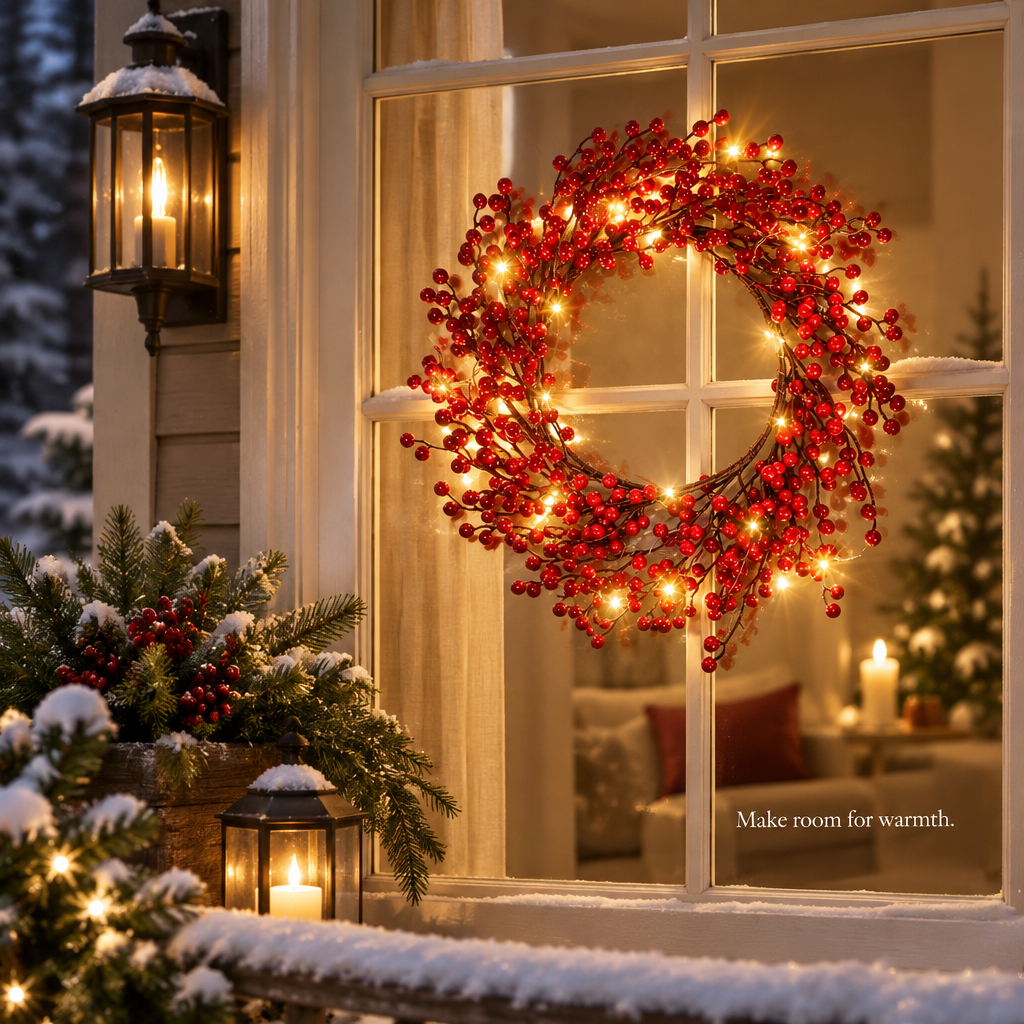 Pre-Lit Red Berry Wreath with Timer – 18 in — in use