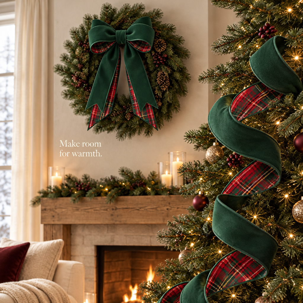 Forest Green Velvet & Tartan Wired Ribbon – 2.5 Inch, 10 Yards — in use