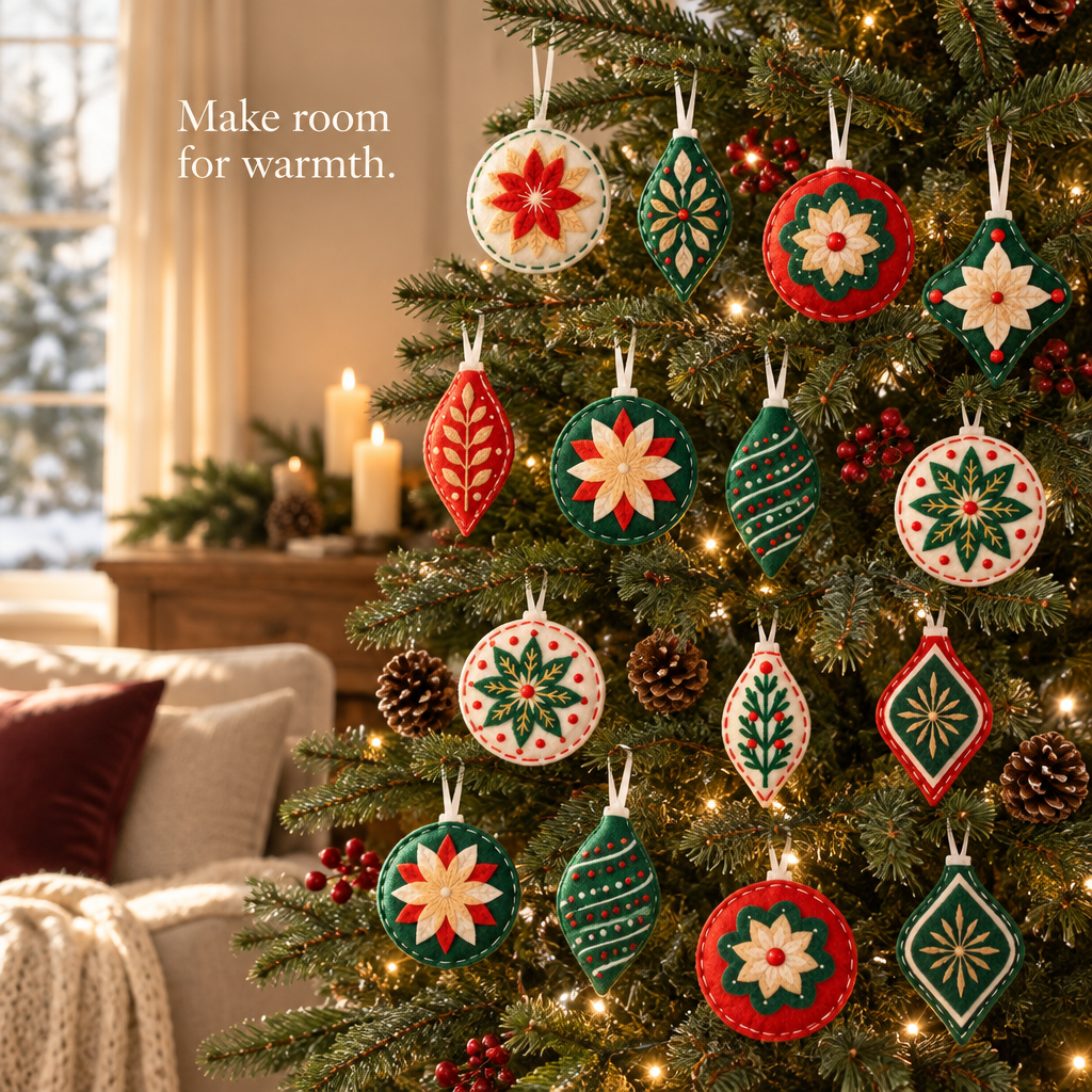 Vintage Felt Christmas Tree Ornaments – 12 Designs — in use