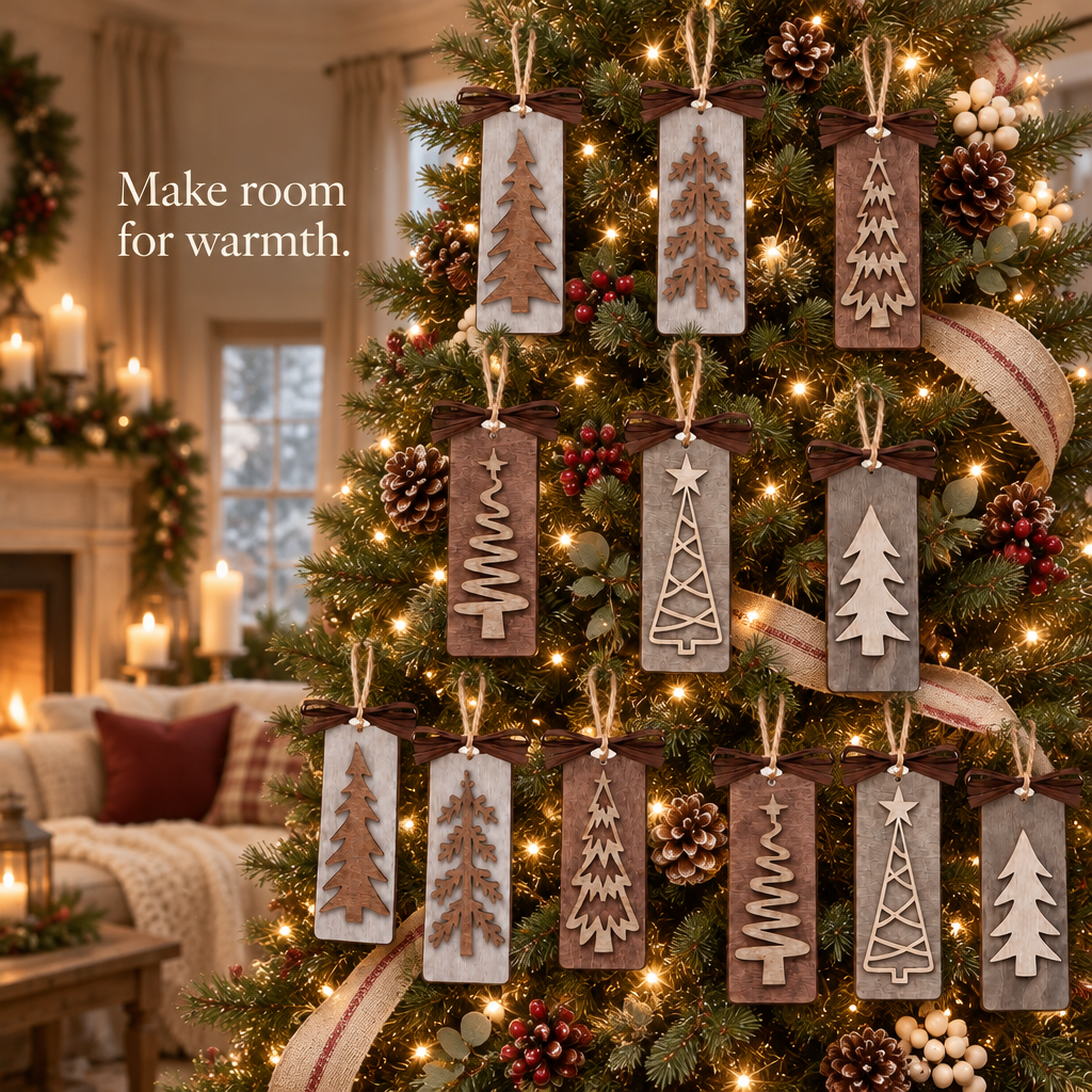 Rustic Farmhouse Wooden Christmas Ornaments – 12 Pack — in use