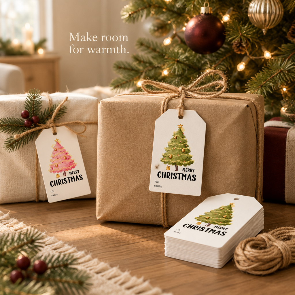 Merry Christmas Tree Gift Tags with Twine – 60 Pack — in use