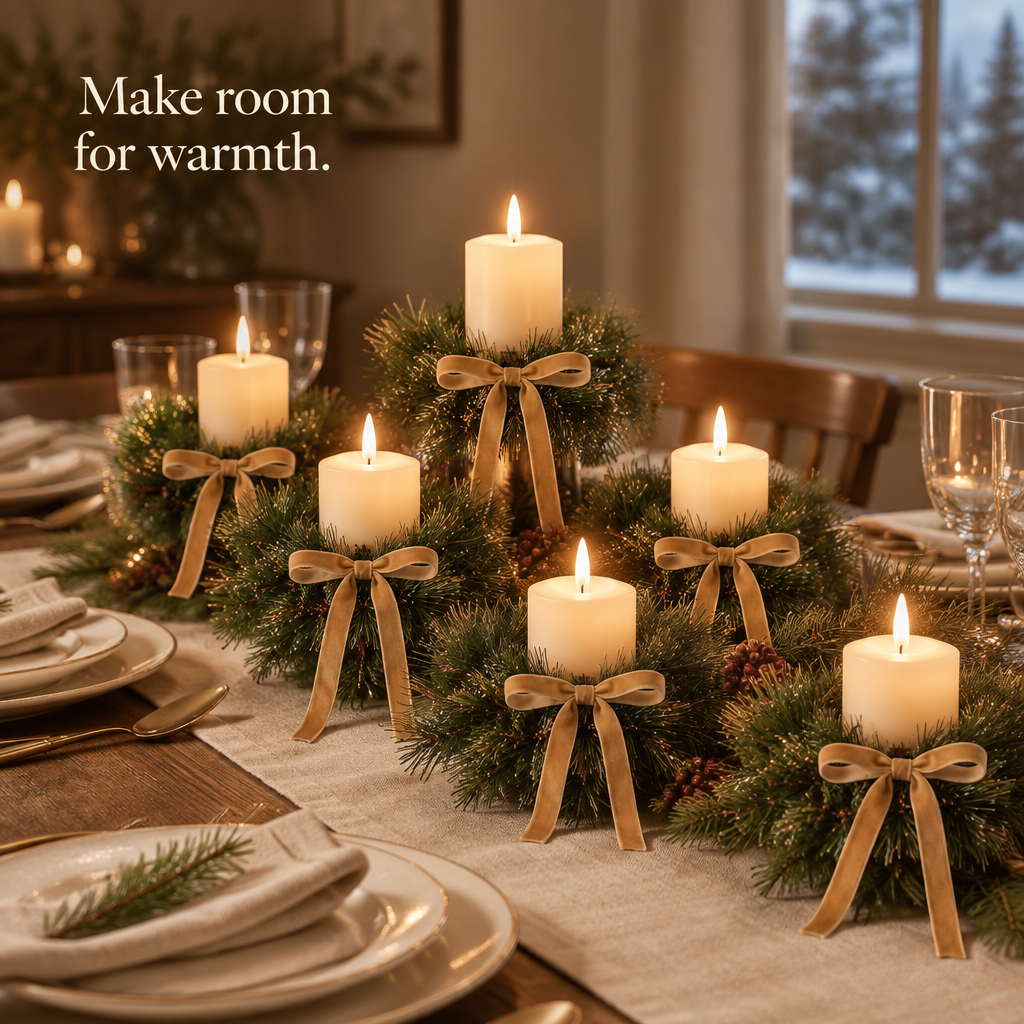 Pine Candle Rings with Khaki Velvet Bows – 12 Pack — in use