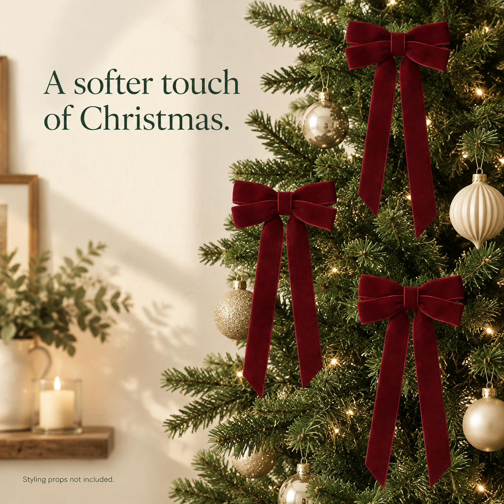 Burgundy Velvet Christmas Tree Bows – 12 Pack, 5 × 10 in — styled in a home