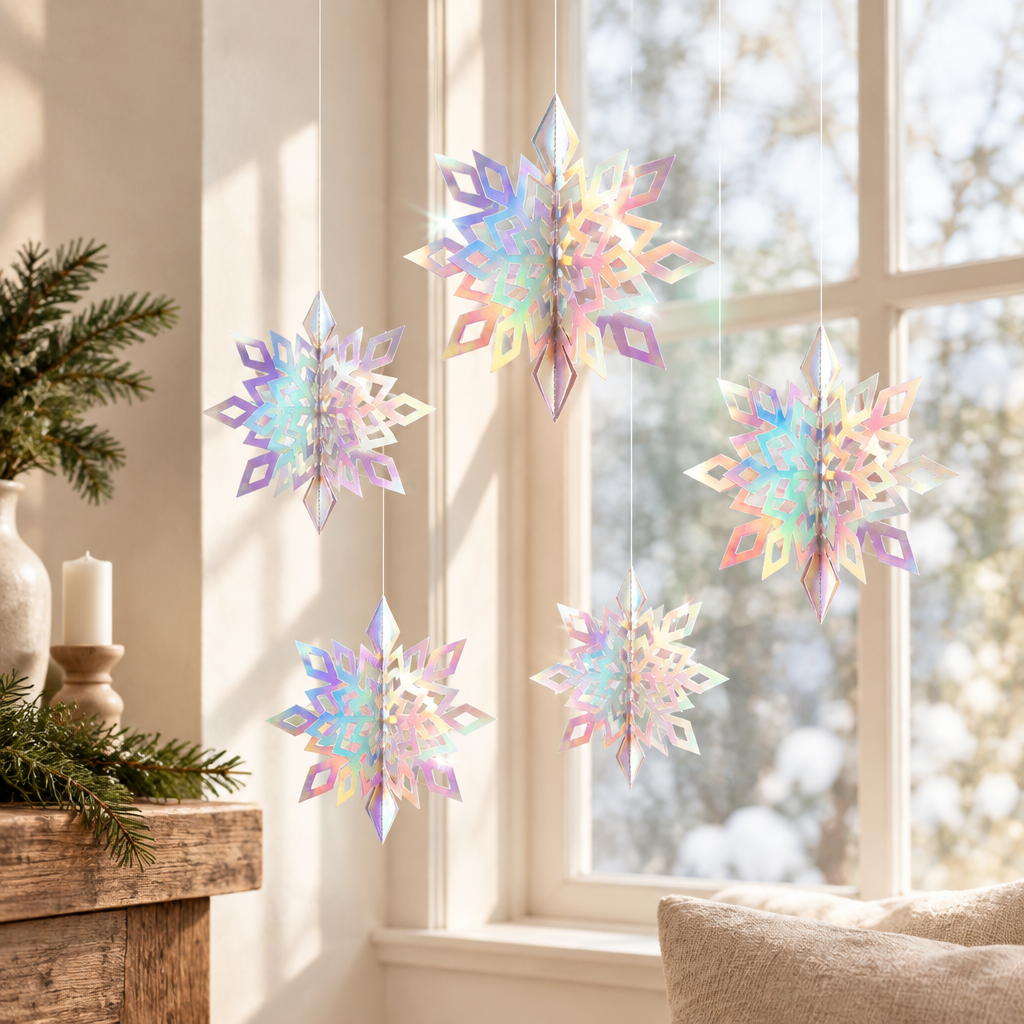 Iridescent 3D Hanging Snowflakes – 15 Piece Set — in use