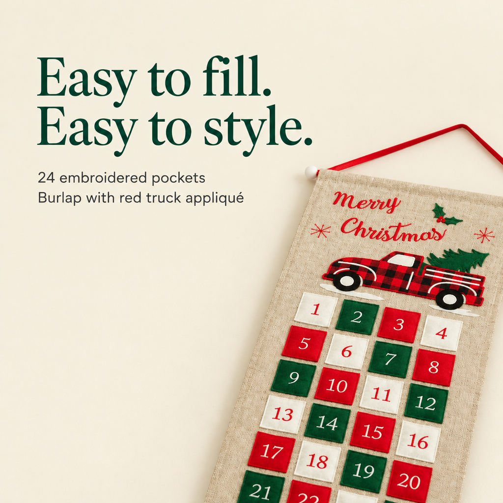 Burlap Red Truck Advent Calendar – 24 Pockets — details
