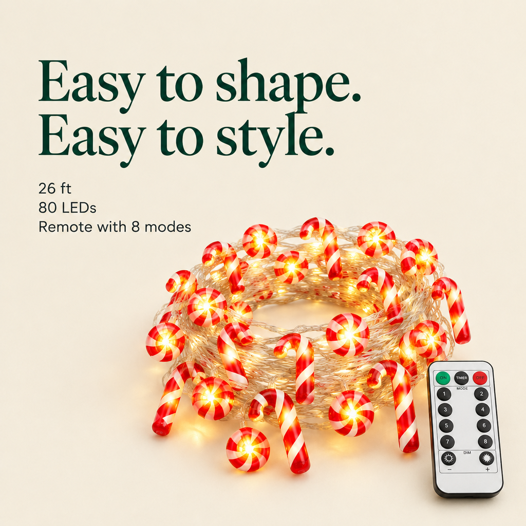 Candy Cane & Peppermint String Lights – 26 ft, 80 LEDs — details