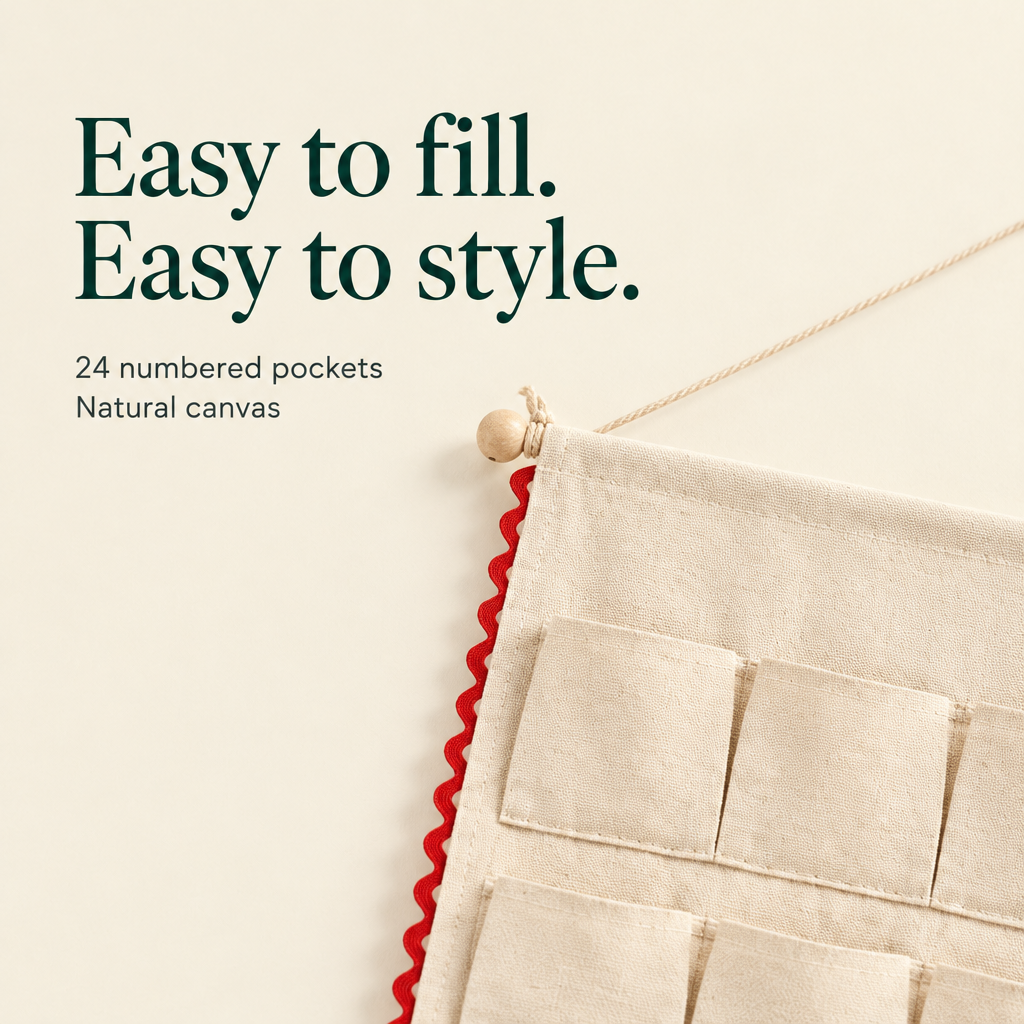 Canvas Hanging Advent Calendar with Red Rick Rack — details