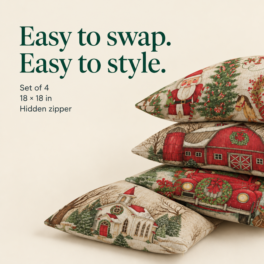 Christmas Linen Pillow Covers – Set of 4, 18 × 18 in — details