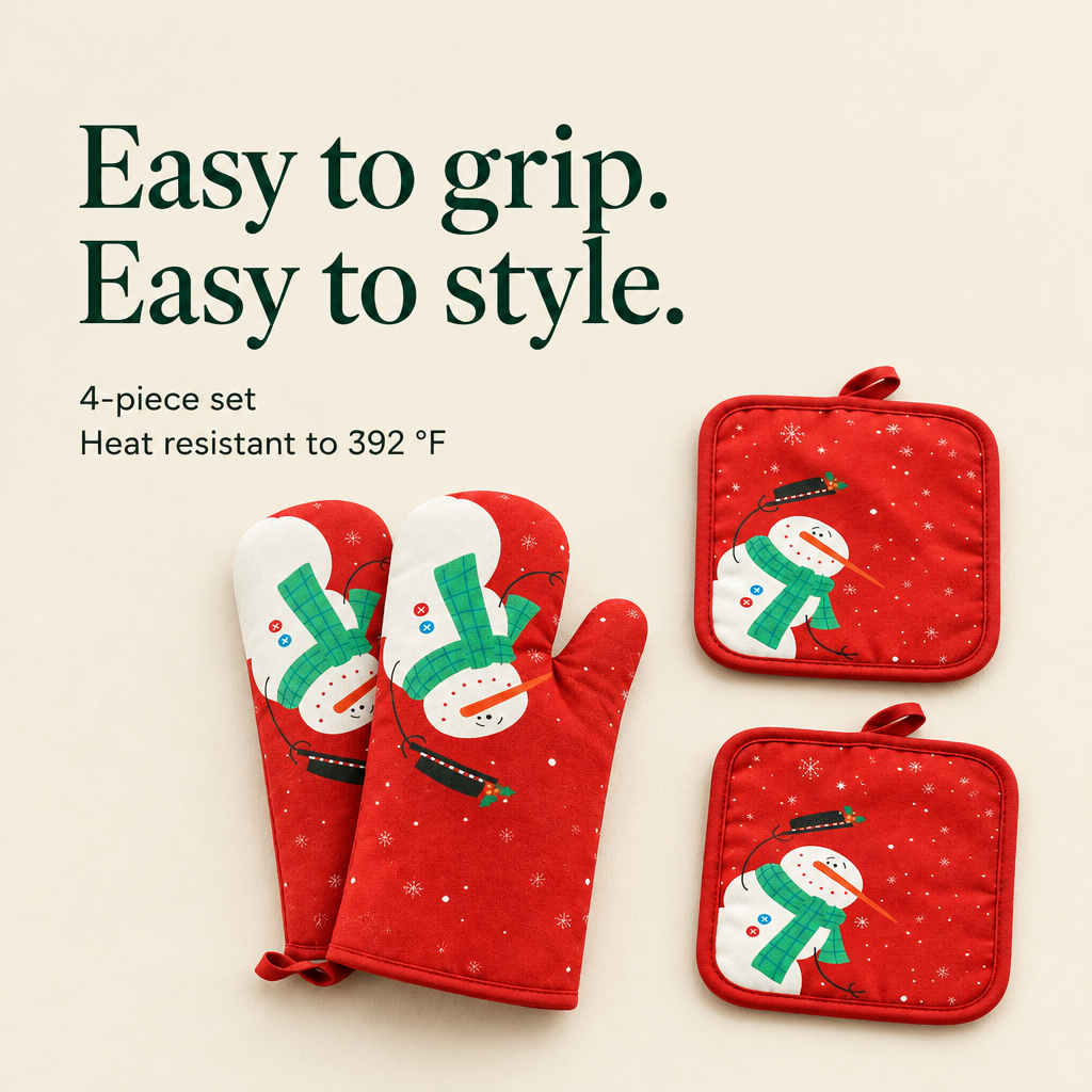 Christmas Oven Mitts & Pot Holders – 4 Piece Set — details