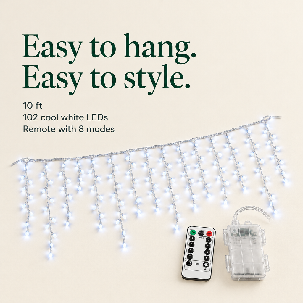 Cool White Icicle Lights with Remote – 10 ft, 102 LEDs — details