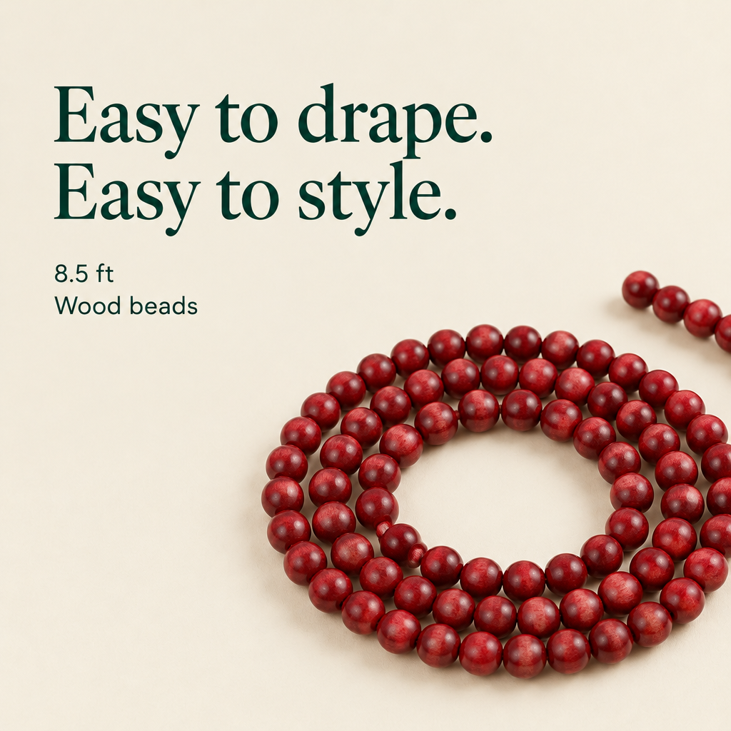 Cranberry Red Wood Bead Garland – 8.5 ft — details