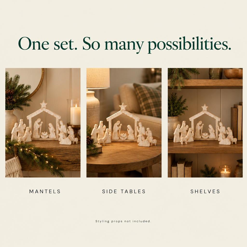 Distressed White Wooden Nativity Scene – 15 Pieces — possibilities