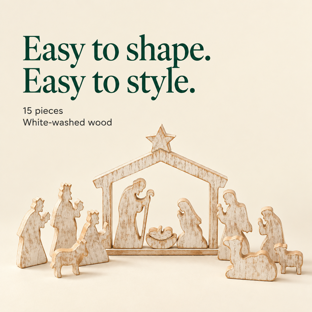Distressed White Wooden Nativity Scene – 15 Pieces — details