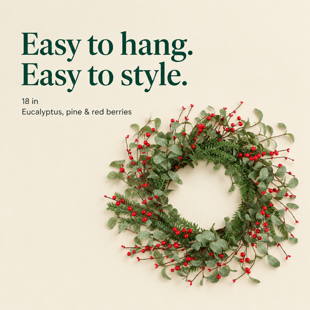Eucalyptus & Red Berry Front Door Wreath – 18 in — details