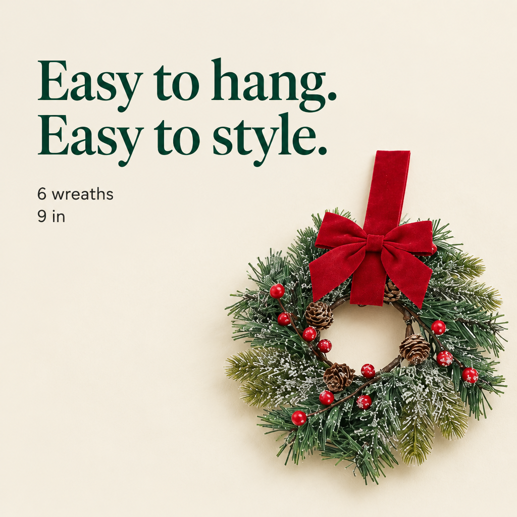 Frosted Pine Cabinet Wreaths – 6 Pack, 9 in — details