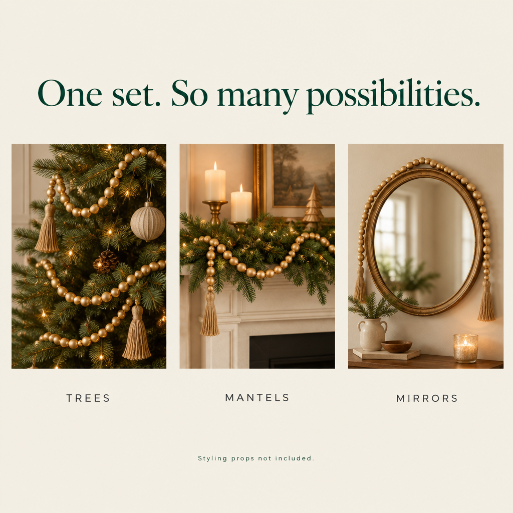 Gold Wood Bead Garland with Tassels – 12 ft — possibilities