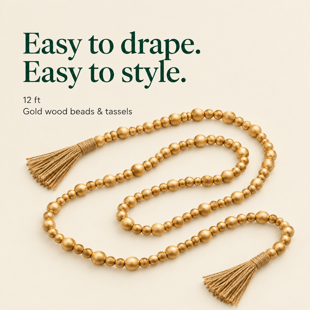 Gold Wood Bead Garland with Tassels – 12 ft — details